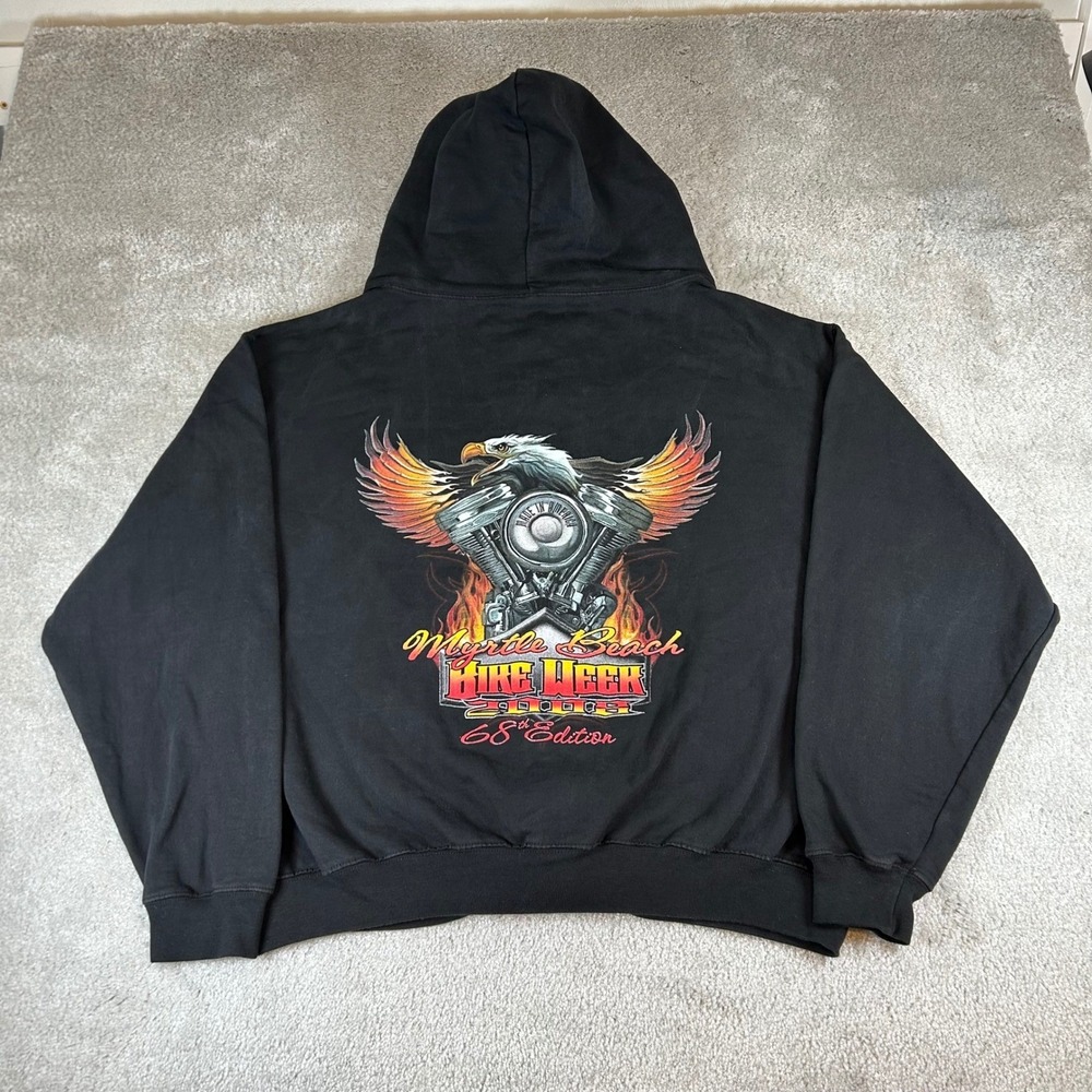 Vintage Y2K Myrtle Beach Bike Week 2008 Hoodie Mens XL‎ Black Eagle Graphic Boxy